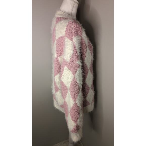 Pol fuzzy pink preppy Y2k argyle sweater lg - Picture 5 of 8